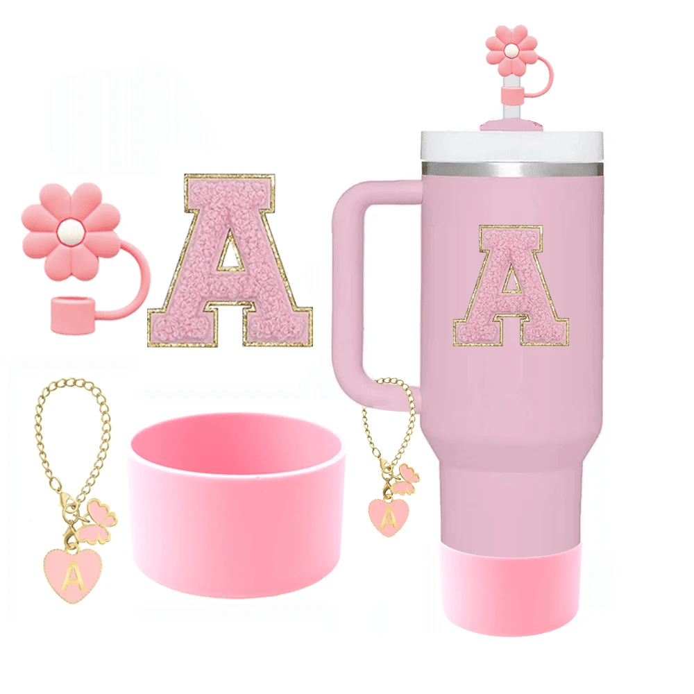 4pcs Cup Accessories Set (30-40oz) - 1 Straw Lid, 1 Letter Charm, 1 Silicone Cup Bottom, 1 Letter Sticker, Daily & Holiday Surprise Gift - Pink Suit - View 1