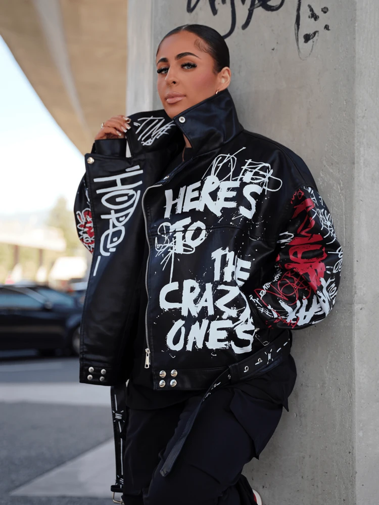 SAYEHFBABY Colorful Graffiti Letter Gothic Punk Style Leather Jacket  - Black - View 1