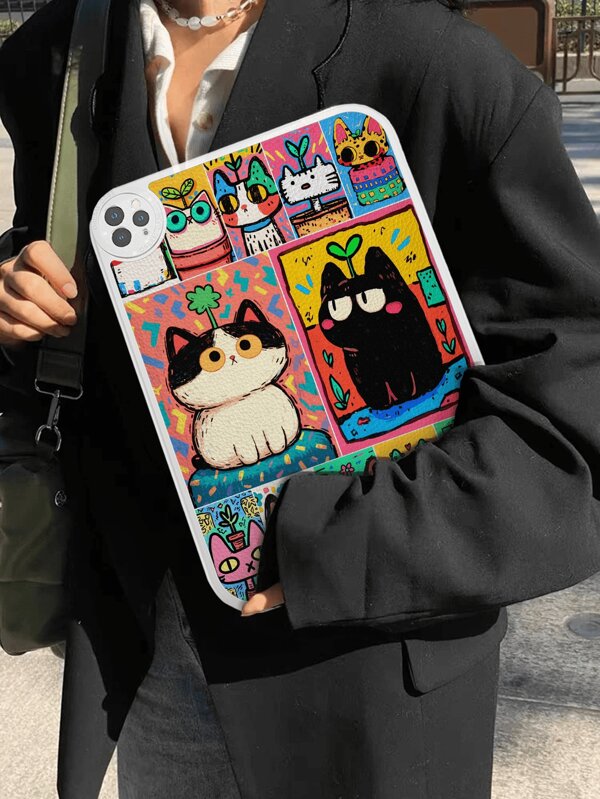 Cat 1pc Cartoon Style Colorful Kitten Pattern Shockproof Tablet Case, Built-In 360 Degree Thickened Anti-Drop Protective Cover Compatible With Ipad 10th Gen 10.9" And IPad 10.2", Portable Leather IPad Sleeve