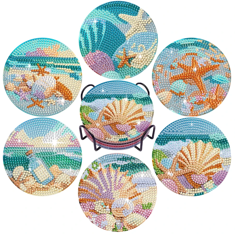 6pcs Ocean Creatures Design Diamond Painting Coasters With Holder, Diamond Art Coaster DIY Set, Suitable For Beginners Arts Crafts Supplies