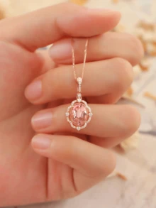 1pc Charming Pink Zirconia Flower Shaped 925 Sterling Silver Necklace For Women, Everyday Wear - Hoa hồng vàng - Xem 4