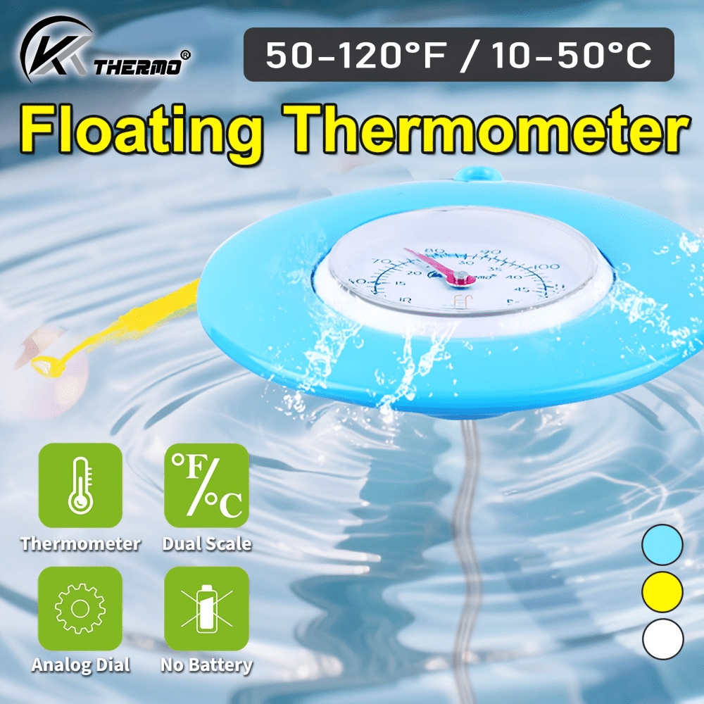 KT THERMO 1 stuk KT THERMO analoge drijvende zwembadthermometer - Batterijloze, gemakkelijk af te lezen Fahrenheit/wijzerplaat, roestvrijstalen sonde met ABS-vlotter en zuignap/touw voor zwembaden, spa's, hot tubs, vijvers, drijvende zwembadthermometer, spa-temperatuurbewaking, duidelijk wijzerplaatontwerp, robuuste constructie