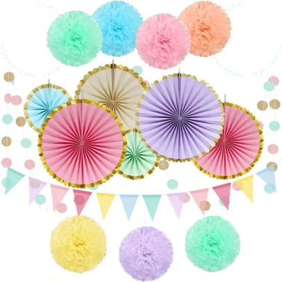 可重复使用的柔和彩虹派对装饰品，适用于生日派对、婚礼装饰、悬挂纸扇、绒球花、花环、波尔卡圆点和三角彩旗