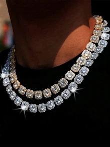 1 Stück elegante Mode Hip-Hop Halskette, Kette aus Metall mit kubischen Zirkoniasteinen, Unisex Straßen-Stil Paar Accessoire