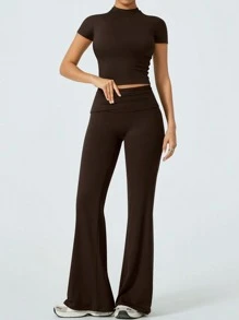 NcmRyu Damen Rundhals Figurformender Taillierter Weiter Ärmel & Hose Sport Anzug Set