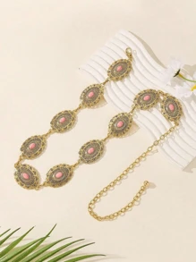 Retro Oval Floral Engraved Antique Silver Waist Chain, Versatile Metal Waist Belt For Dresses And Pants