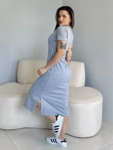 Women's Basic Plain Casual Comfortable Premium Cotton Midi Dress - 灰色 - 查看 7