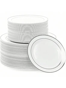 20/10pcs Silver Rim Party Plates, Platinum Rim Salad Plates, 10.25 Inch And 7.5 Inch Serving Platters, For Parties, Outdoor, Weddings, Restaurants,School Supplies