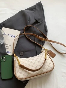 Ta modna, klasyczna i uniwersalna torba na ramię/pod pachę w kształcie półksiężyca z graficznym wzorem liter, wykonana z wodoodpornego materiału PU w jednolitym kolorze, nadaje się na zakupy i można ją nosić na ukos.