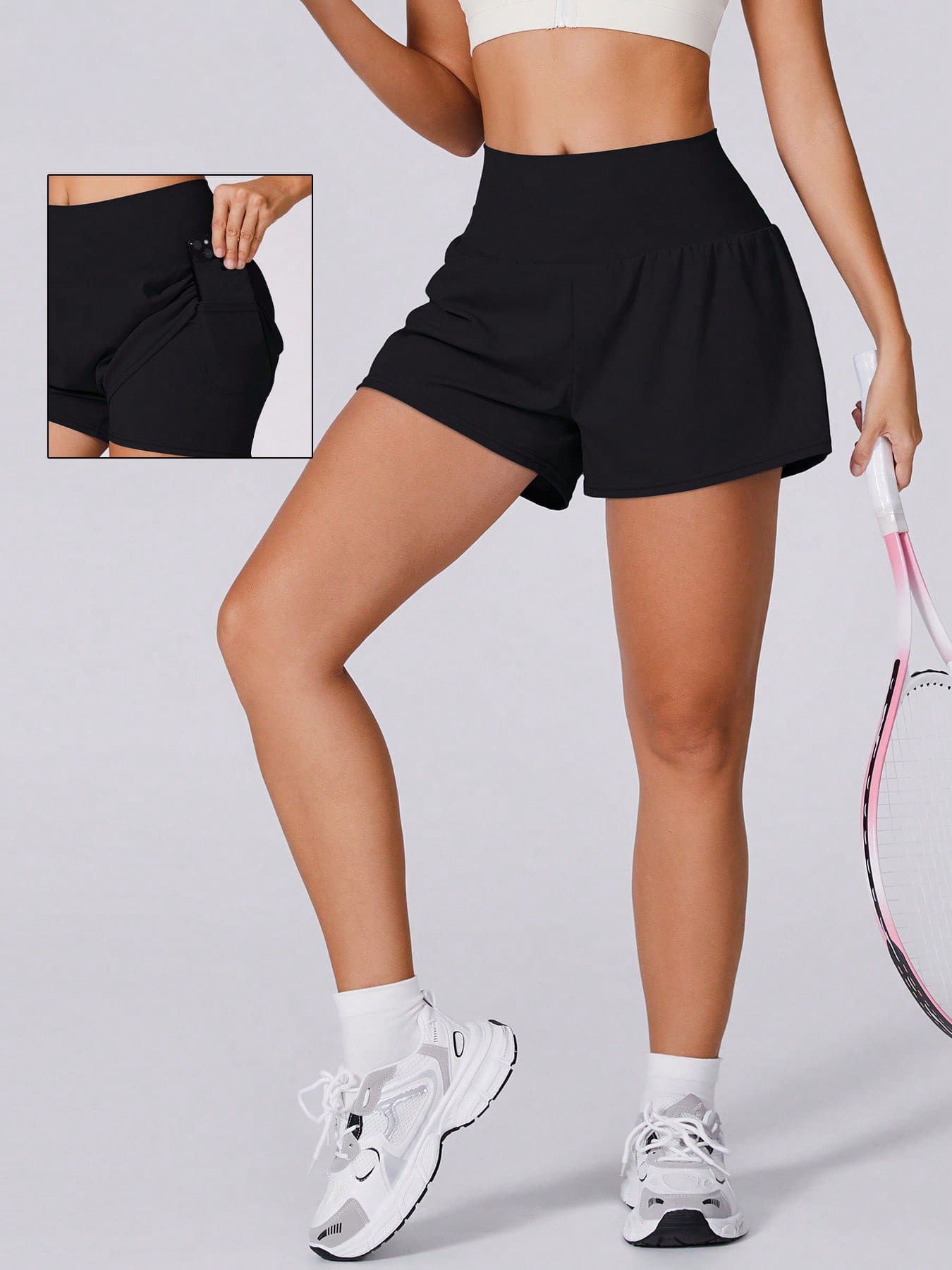 NcmRyu 1pc Women's Seamless High Elasticity Outdoor Sports Shorts With Pockets, Anti-Chafing - Black - View 1