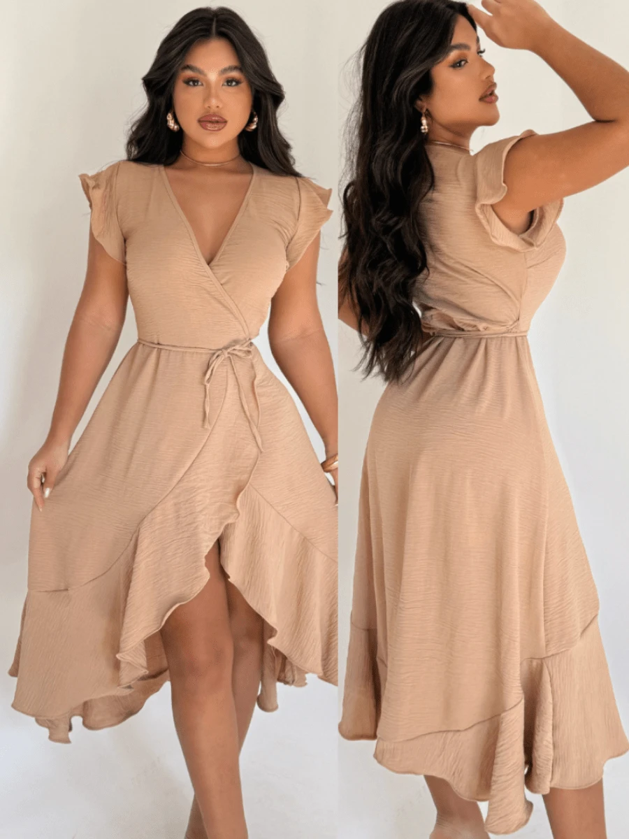 Simple Elegant Beige Wrap Dress Casual Boho Pleated Asymmetrical Ruffle Hem Wedding - Màu be - Xem 1