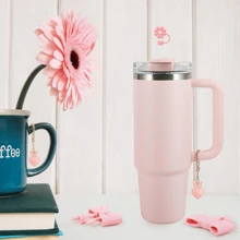 4pcs Cup Accessories Set (30-40oz) - 1 Straw Lid, 1 Letter Charm, 1 Silicone Cup Bottom, 1 Letter Sticker, Daily & Holiday Surprise Gift - Pink Suit - View 3