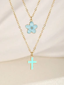 2pcs/Set Beautiful Sweet Five-Petal & Cross Pendant Necklace For Girls Summer Beach Party Holiday Travel Jewelry Accessory For Daily Wear