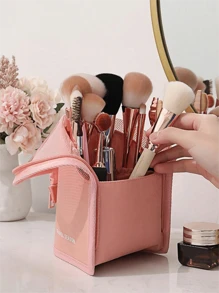 1pc Pink Makeup Brush Case With Zipper,Transparent Pvc Waterproof Travel Makeup Brush Holder ,Portable Makeup Brush Bag, Professional Cosmetic Bag ,Artist Storage Bag, Essentials Stand-Up Foldable Makeup Cup For Home,Gift,Vacation ,Travel