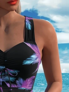 女士热带印花坦基尼泳衣，心形领口和抽绳细节，中等弹力面料，露背，交叉，短裤下摆，休闲可爱风格