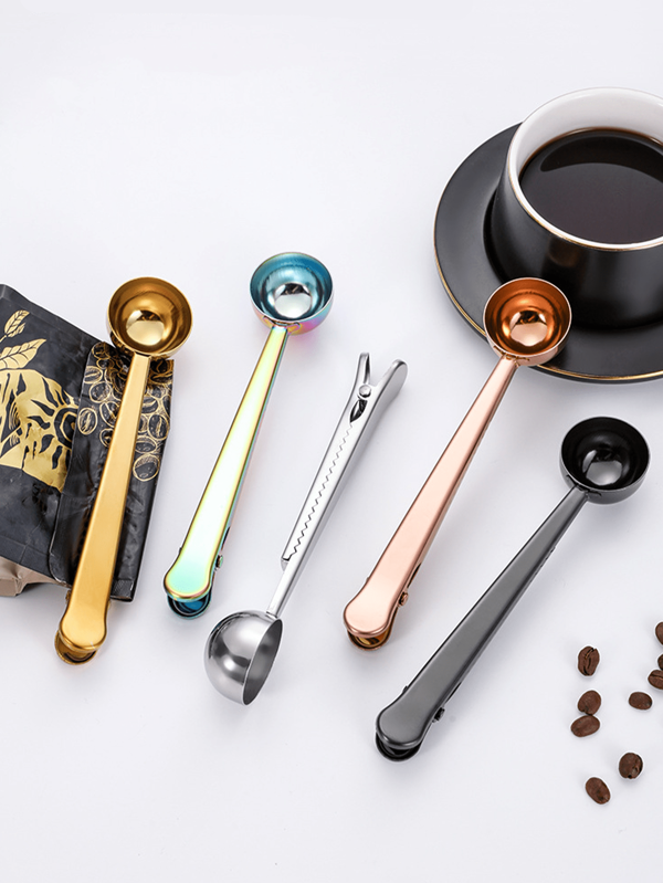 1 pieza Cuchara de café de acero inoxidable 2 en 1 con clip, clip sellador de bolsas de alimentos multiusos para sellar granos y polvo de café, con clip de sellado fresco, cuchara de café de acero inoxidable 304 para medir leche y polvo, vuelta al colegio