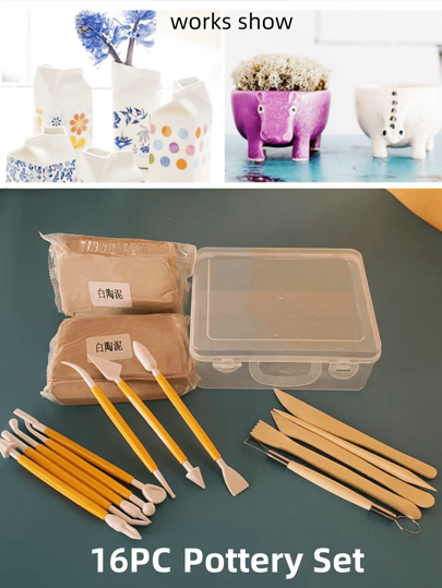 16pcs/8pcs/5pcs/1pc White Air Dry Clay Craft Kit, Polymer Clay Sculpting DIY Handmade Pottery Tool Set Including 1000g White Clay, 8pcs Plastic Fondant Tools, 5pcs Ceramic Art Tools, 1pc Clear Plastic Box