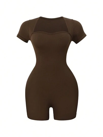 NcmRyu 1pc Women's Seamless Elastic Solid Color Square Neck Ribbed Jumpsuit