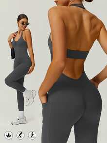 NcmRyu 时尚性感褶皱露背提臀塑身吊带连体衣 - 灰色 - 查看 1