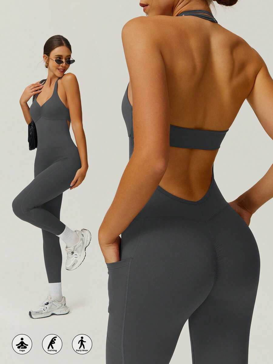 NcmRyu 时尚性感褶皱露背提臀塑身吊带连体衣 - 灰色 - 查看 1