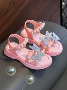 2023 年新款时尚女童蝴蝶结凉鞋系带平底沙滩拖鞋夏季 - 粉色 - 查看 3