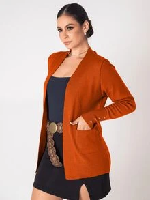 Women's Winter Knitted Cardigan Coat With Pocket - Naranja - Ver 1