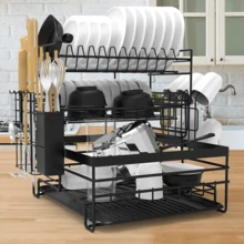 Dish Drainer Rack 3 Tier Black Drain Board Rack With Drip Tray, Detachable Stainless Steel Dish Drying Rack For Kitchen Countertop Or Sink - Black - View 1