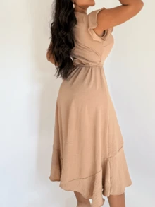Simple Elegant Beige Wrap Dress Casual Boho Pleated Asymmetrical Ruffle Hem Wedding - Màu be - Xem 7