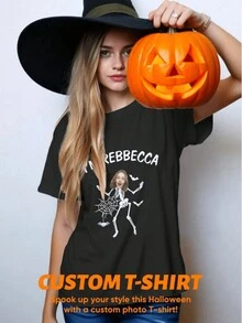 Camiseta personalizada de Halloween (1 unidade), Camiseta personalizada com nome, Camiseta personalizada com foto, Camiseta personalizada para namorado, Presente de Halloween, Presente de aniversário, Presente de casamento, Presente de Dia das Mães, Presente para melhor amiga, Presente para mãe/namorada/esposa/amiga - Preto - Ver 2
