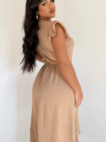 Simple Elegant Beige Wrap Dress Casual Boho Pleated Asymmetrical Ruffle Hem Wedding - Màu be - Xem 3