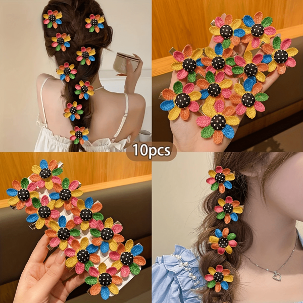 10pcs/Set Summer Knitted Rainbow Color Sunflower Flower Hair Clips, Multicolor Flower, Button, Pearl, Star, Heart Shape Hair Clips, Delicate Small Gifts, Fashion Hair Accessories, Versatile Claw Clips Hair Slide Hair Barrettes