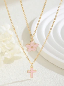 2pcs/Set Beautiful Sweet Five-Petal & Cross Pendant Necklace For Girls Summer Beach Party Holiday Travel Jewelry Accessory For Daily Wear