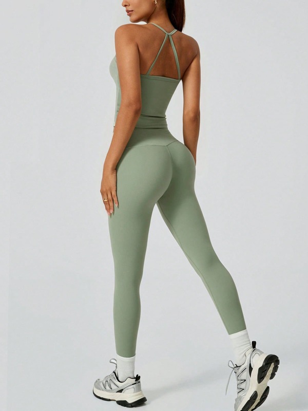 NcmRyu 1 Set Women's Seamless Elastic Padded Crisscross Strap Camisole And Leggings Yoga Pilates Running Training Sportswear Set