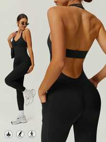 NcmRyu Fashionable Sexy Ruched Shell Bust Backless Lifting Butt Shaping Halter Jumpsuit - Black - View 1