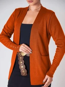 Women's Winter Knitted Cardigan Coat With Pocket - Naranja - Ver 6