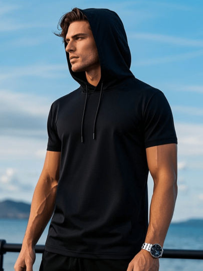 Men's Fashionable Hooded Short Sleeve T-Shirt, Suitable For Outdoor Casual Wear In Summer