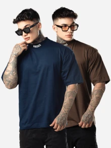 DMUNIZ Oversized Streetwear Turtleneck T-Shirts With Glorious Print On The Collar - Brown/Navy Blue - View 1