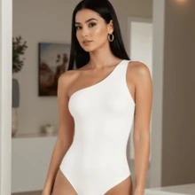 Body Feminino Mula Manca Suplex Com Forro Um ombro Alça  elegante - Branco - Visão 1
