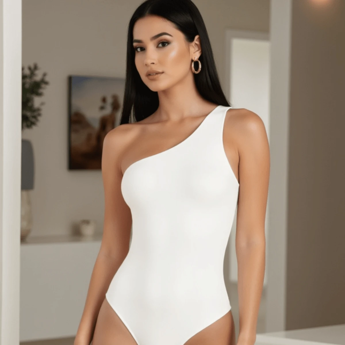 Body Feminino Mula Manca Suplex Com Forro Um ombro Alça elegante - Branco - Visão 1