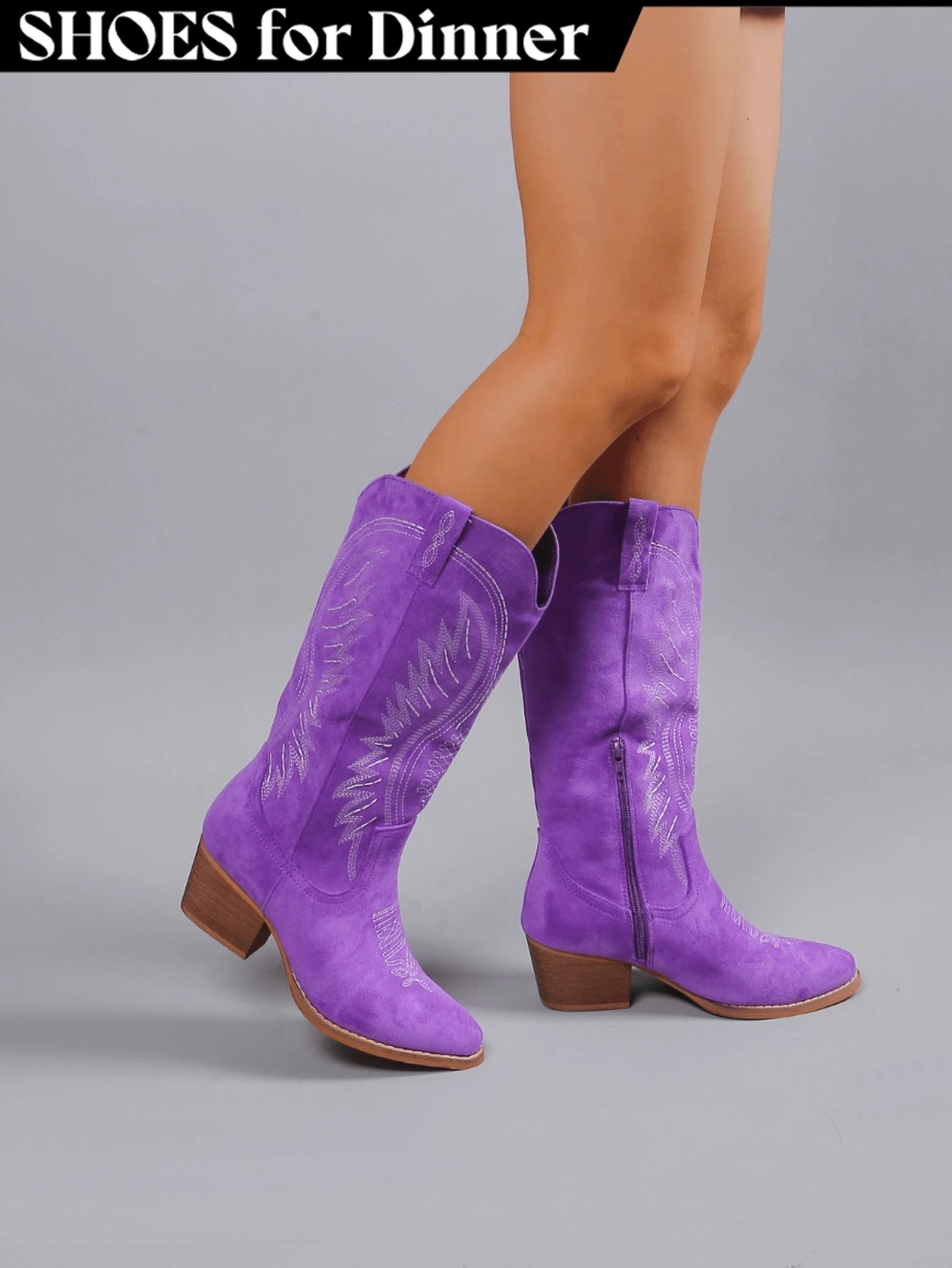 Women Western Cowboy Boots – Embroidered Mid-Calf Chunky Heel Cowgirl Boots With Side Zipper Stylish Comfortable Suede Fall/Winter Boots For Country Concert, Rodeo, Nashville Trip, Festival & Daily Wear [Size Up Half Size] - 紫色 - 查看 1