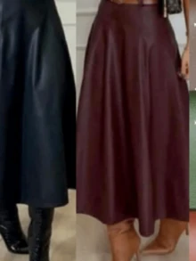 Women's Leatherette Midi Skirt With Rounded High Waist. - 酒紅色 - 查看 2