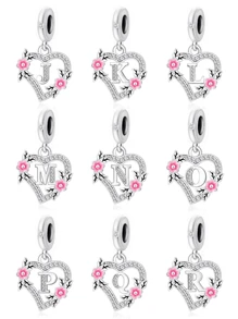 HuooNew 1pc 925 Sterling Silver Heart Shape Letter Inlaid Cubic Zirconia DIY Pendant, Suitable For Men & Women, Party/Gift
