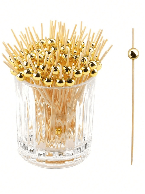 700pcs/200pcs/100pcs/50pcs/20pcs/10pcs Gold Round Bamboo Skewers, Creative Bead Design, Suitable For Kitchen, Salad, Wedding, Festival Party, Gathering, Birthday Party
