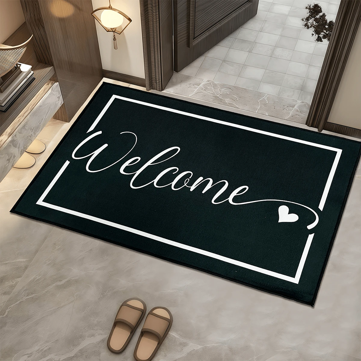1pc Black "WELCOME" Heart Design Doormat - Bedroom Rug, Entryway Rug Carpet, Suitable For Home Decor, RV Entrance Mat, Room Accessories, Living Room, Reading Room, Bedside, Sofa, Balcony - Black and White - View 1