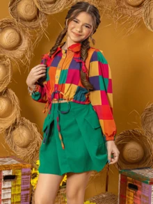 June Party Set Plaid Girl Children's Matching Skirt And Blouse Blogger São João - Green - View 8