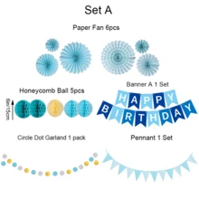 生日派对装饰，蓝色生日装饰套装 - 生日快乐横幅、生日彩旗、6 个悬挂纸扇、5 个蜂巢装饰（男女皆宜） - 藍色紙扇套 - 查看 3