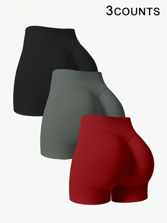 NcmRyu 3 件装女式高腰纯色无缝弹力户外运动短裤，春夏