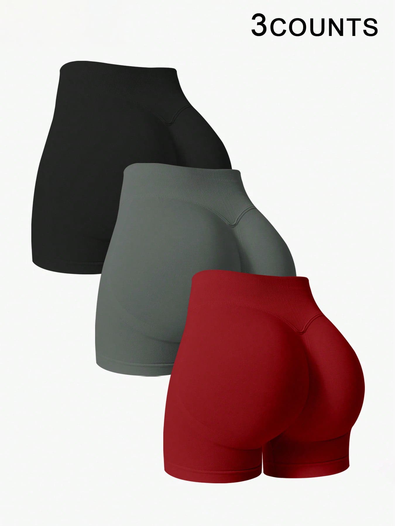 NcmRyu 3pcs Women High Waist Solid Color Seamless Elastic Outdoor Sports Shorts, Spring/Summer - 彩色 - 查看 1