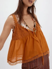 Women Boho Flowy Babydoll Cami Tank Tops Y2K Fairy Lace Trim Spaghetti Strap Tie Front Loose Camisole Crop Tops Summer Backless Sleeveless Vests Shirts Cute Going Out Tops Beach Vacation Streetwear Aesthetic Clothes - 珊瑚橙 - 查看 3