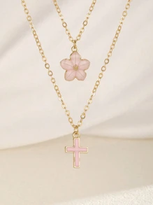 2pcs/Set Beautiful Sweet Five-Petal & Cross Pendant Necklace For Girls Summer Beach Party Holiday Travel Jewelry Accessory For Daily Wear